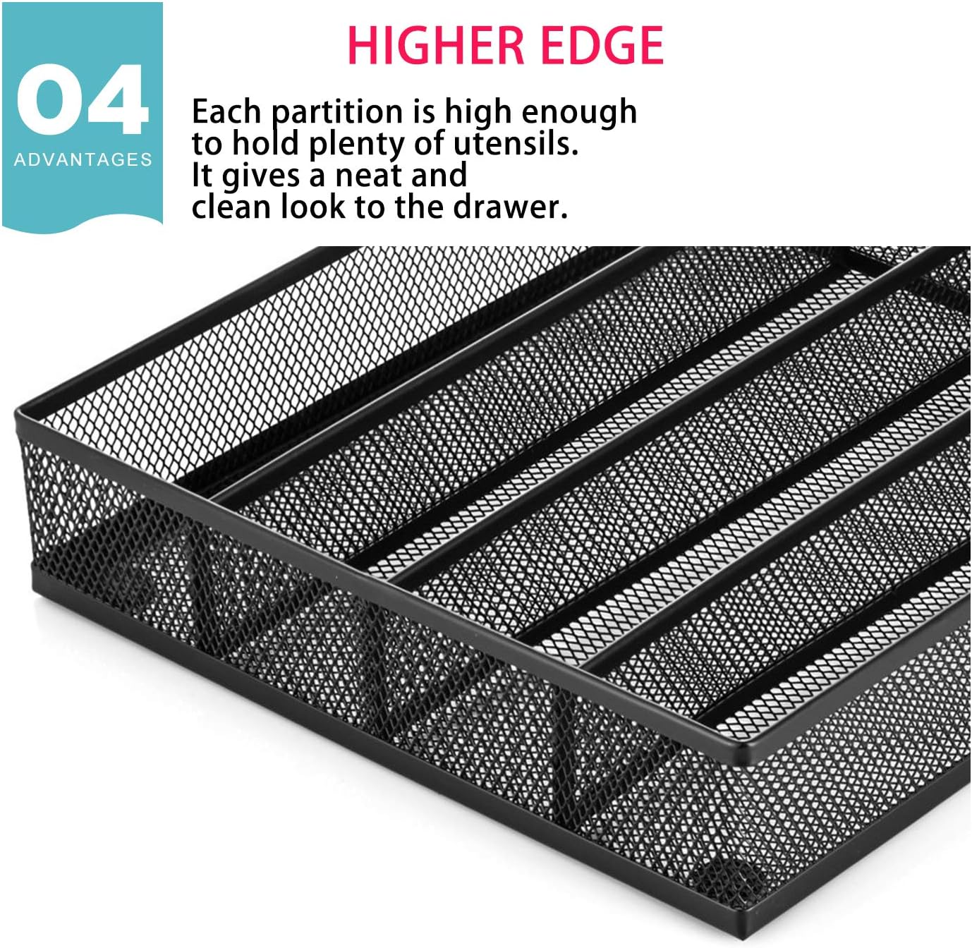 JANE EYRE Drawer Organizer, Cutlery Tray Silverware Flatware Storage Divider for Kitchen, Mesh Wire with Non-slip Foam Feet, 5 Component, Silver