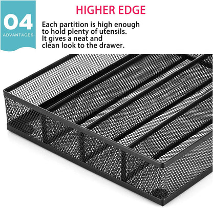 JANE EYRE Drawer Organizer, Cutlery Tray Silverware Flatware Storage Divider for Kitchen, Mesh Wire with Non-slip Foam Feet, 5 Component, Silver
