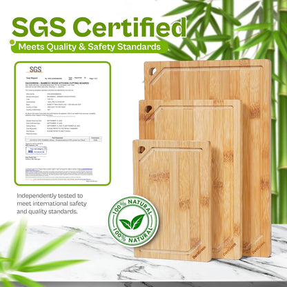 Bamboo Cutting Board Set of 3 for Kitchen, Reversible Bamboo Cutting Boards with Juice Groove & Hidden Handles, 3 Sizes for Meal Prep, Chopping, Serving & Everyday Cooking, Natural Bamboo