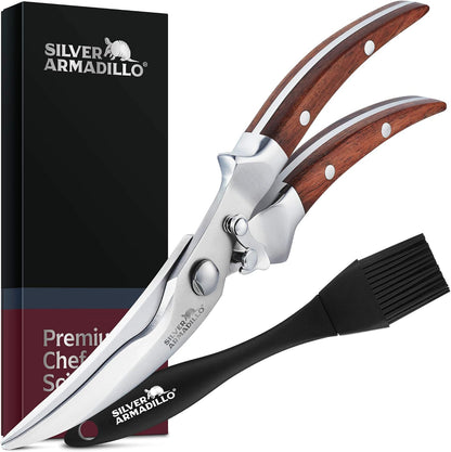 Heavy Duty Poultry Shears - Professional Stainless Steel Kitchen Scissors for Bone, Chicken, Meat, Fish & Vegetables - Spring Loaded (Brown Wood Handles)