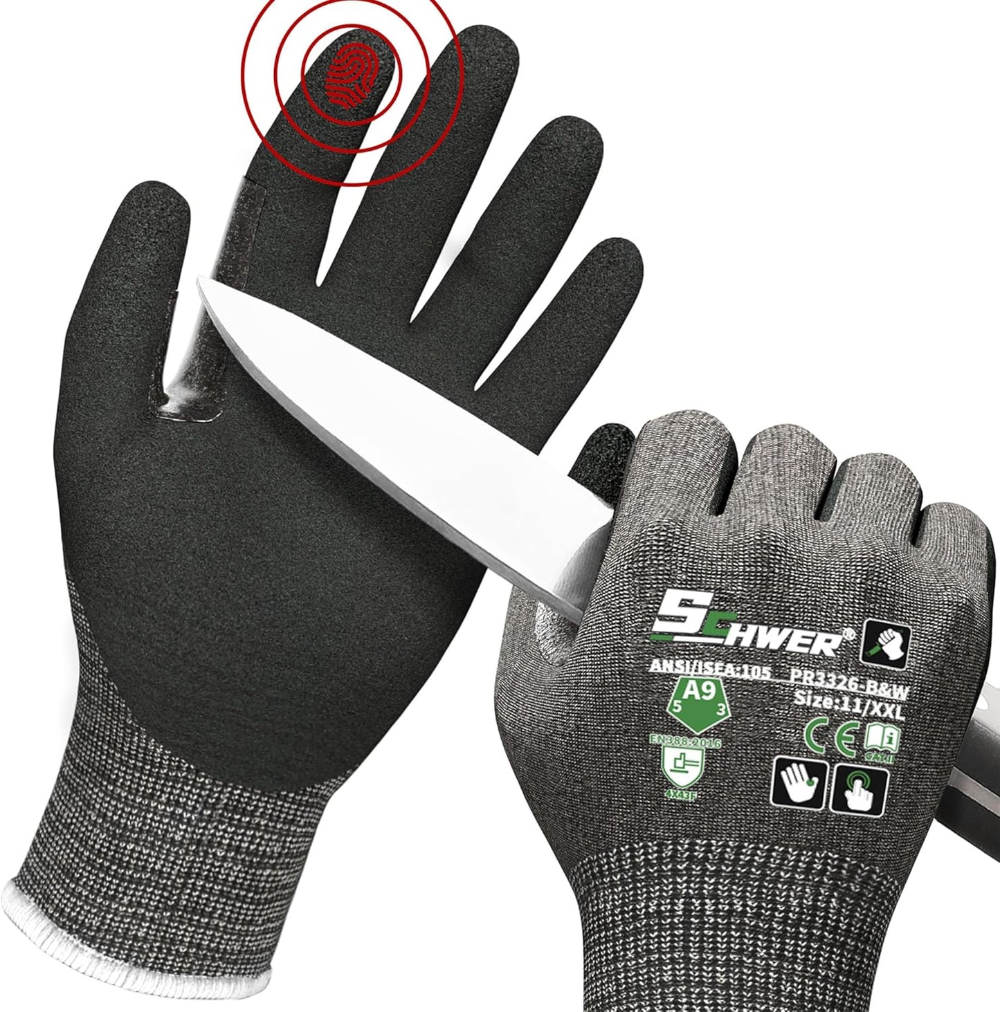 Schwer ProGuard High Level Cut Resistant Work Gloves PR3326 for Extreme Protection，ANSI A9 Cut Gloves with Reinforced Thumb, Non Slip, Breathable, Durable, Touch-screen, Black 1 Pair（XL）