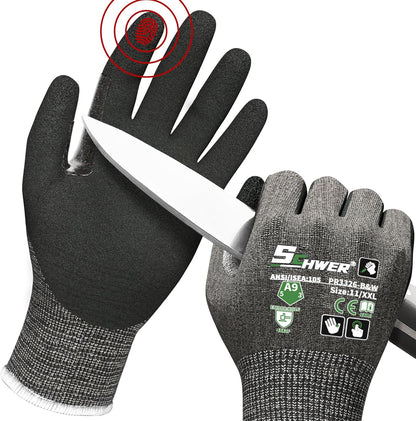 Schwer ProGuard High Level Cut Resistant Work Gloves PR3326 for Extreme Protection，ANSI A9 Cut Gloves with Reinforced Thumb, Non Slip, Breathable, Durable, Touch-screen, Black 1 Pair（XL）