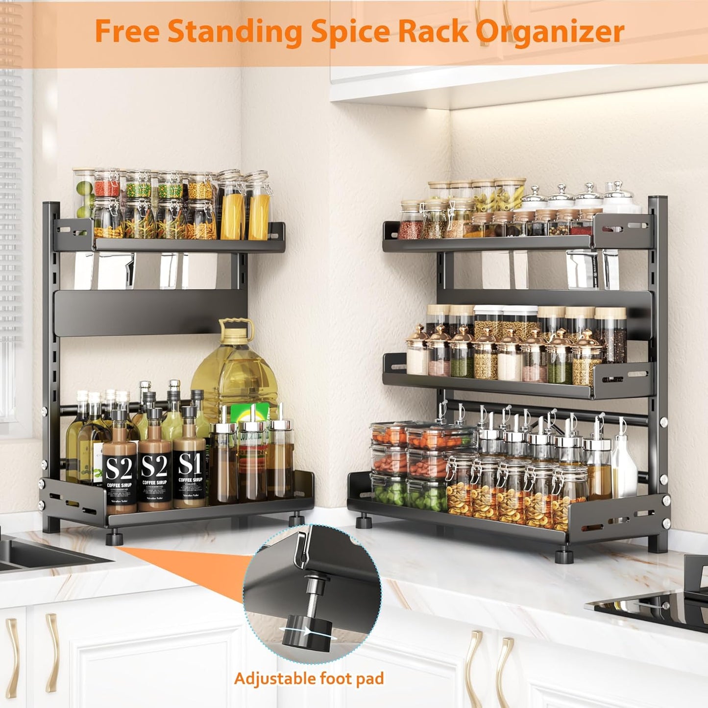 Spice Rack Organizer, 3-Tier Height-Adjustable Kitchen Countertop Spice Organizer Shelf, Metal Rust-Proof Standing Large Seasoning Organizer with Guardrail & Knife Block for Kitchen Bathroom