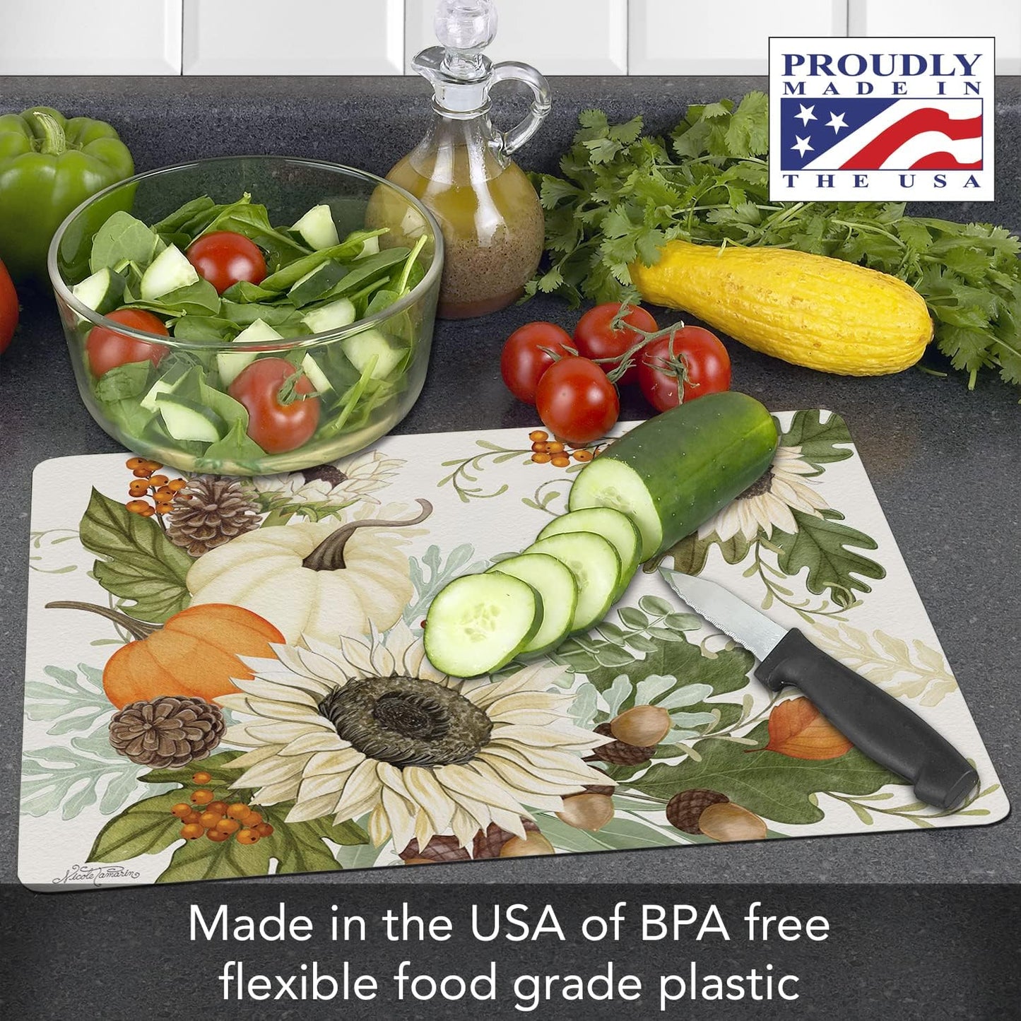 Cut N' Funnel Farmhouse Fall Designer Flexible Cutting Board Mat 15" x 11.5" Made in the USA Decorative Flexible Easy to Clean