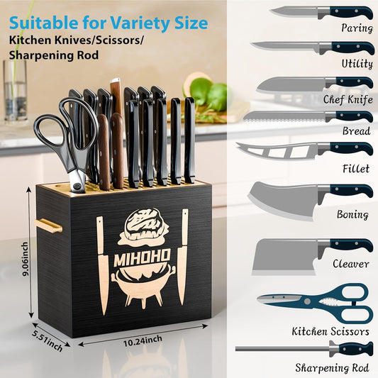 Wood Universal Knife Block with Slots, Wood Knife Holder/Knife Organizer, Unique Knife Storage for Counter Top with Anti-Slip Base (Walnut D)