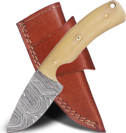 Damascus Steel Bushcraft Knife with Leather Sheath – 6" Fixed Blade Hunting Knife with Sheath for Men – Tactical Survival & Camping Knife for Outdoor Adventure