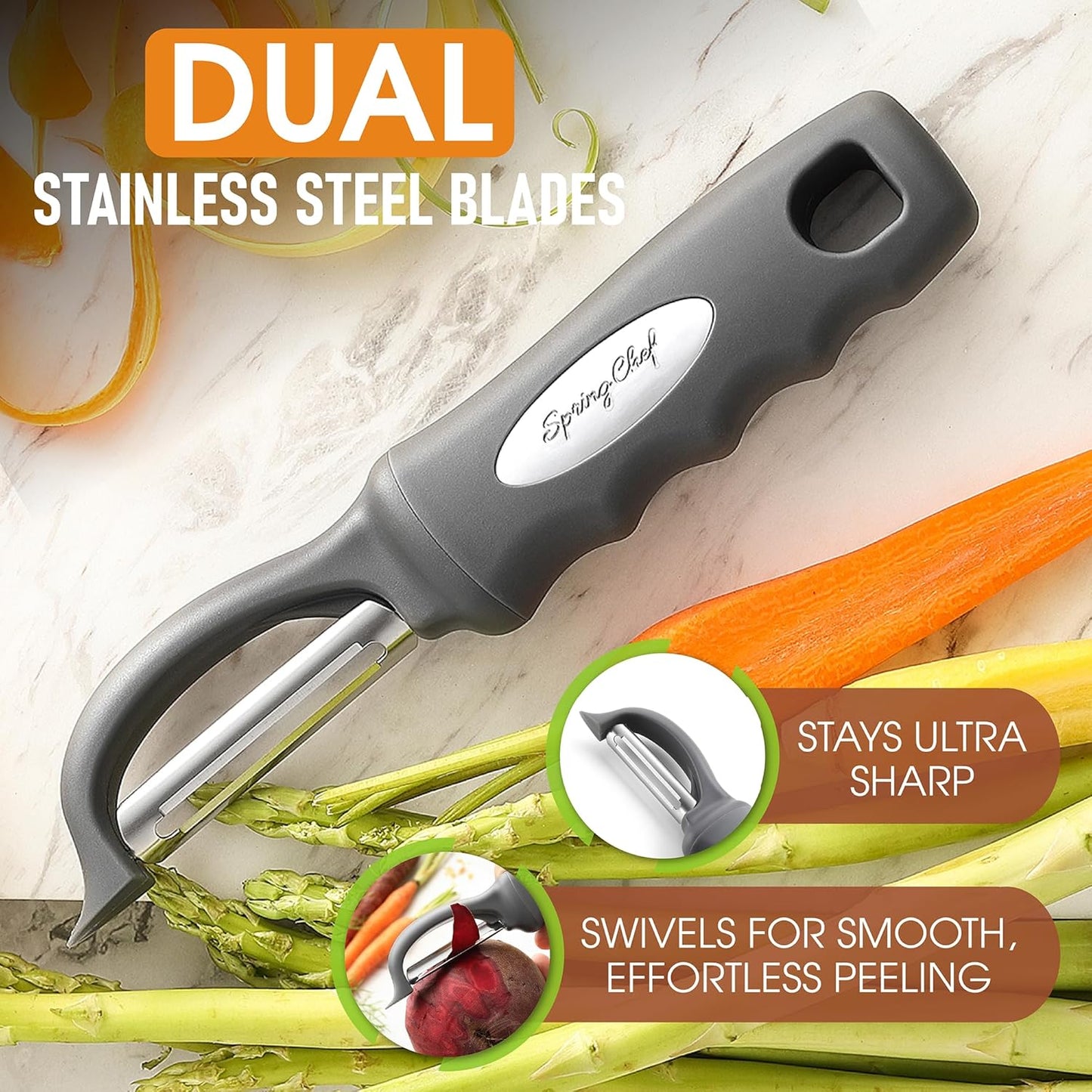 Spring Chef Premium Swivel Vegetable Peeler, Soft Grip Handle and Ultra Sharp Stainless Steel Blades - Perfect Kitchen Peeler For Veggie, Fruit, Potato, Carrot, Apple - Black
