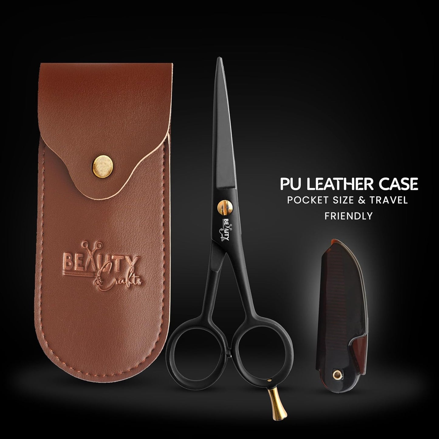 Beauty & Crafts 5” Professional Beard & Mustache Scissors for Men | German Stainless Steel Beard Trimming Shears with 2 Mustache Combs & Premium Pouch for All Facial Hair (Black)