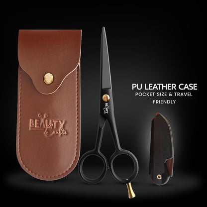 Beauty & Crafts 5” Professional Beard & Mustache Scissors for Men | German Stainless Steel Beard Trimming Shears with 2 Mustache Combs & Premium Pouch for All Facial Hair (Black)