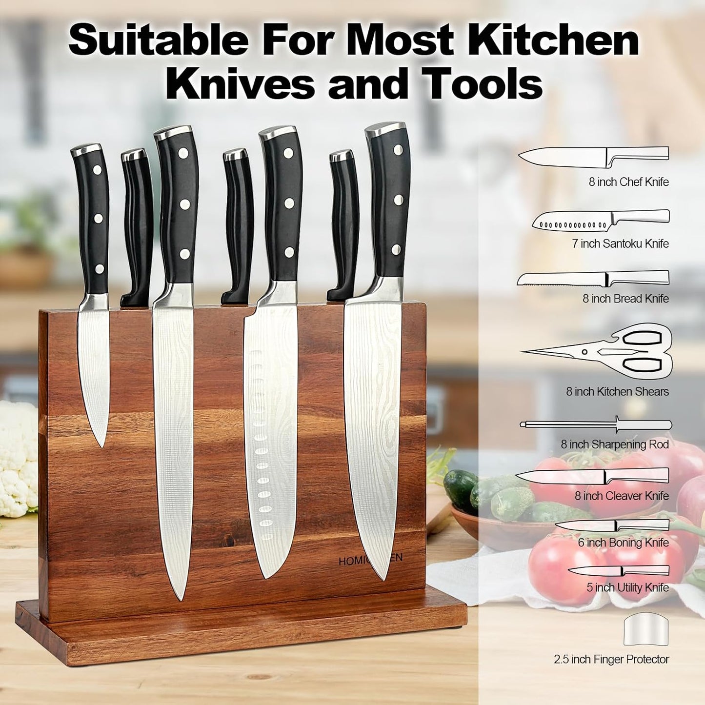 Magnetic Knife Block Double Sided Magnetic Knife Holder Rack with Strong Enhanced Magnets Acacia Wood Magnetic Knife Storage Stand