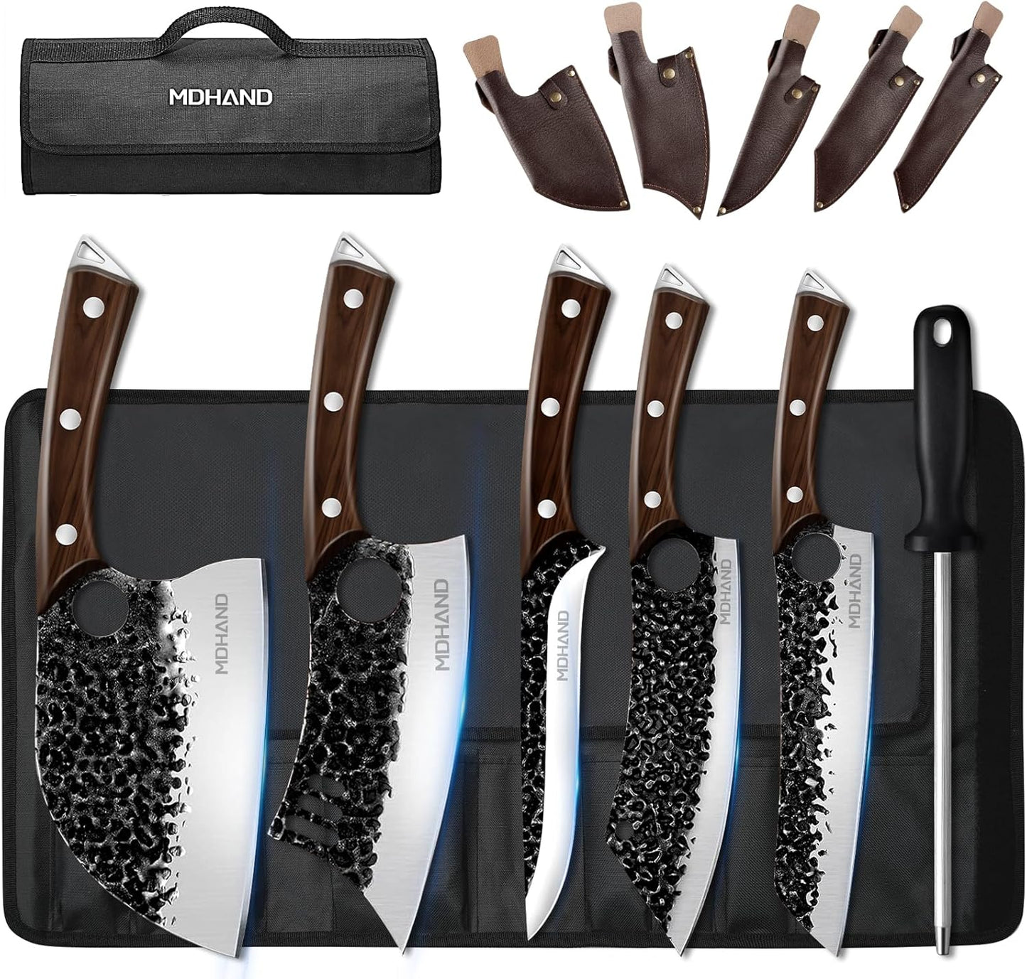 MDHAND Butcher Knife Set, 12PCS Hand Forged Serbian Chef Knife Set with Bag, High Carbon Steel Full Tang Kitchen Knives Set, Meat Cleaver & Boning Knife for Brisket Trimming BBQ Camping, Gift for Men