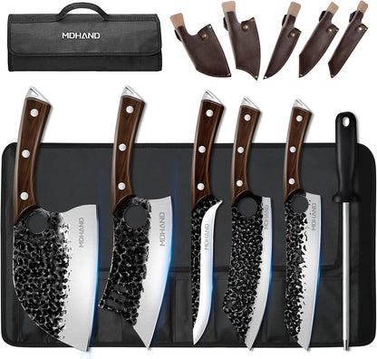 MDHAND Butcher Knife Set, 12PCS Hand Forged Serbian Chef Knife Set with Bag, High Carbon Steel Full Tang Kitchen Knives Set, Meat Cleaver & Boning Knife for Brisket Trimming BBQ Camping, Gift for Men