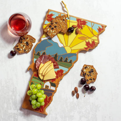 Totally Bamboo North Carolina State Shaped Cutting Board and Charcuterie Serving Platter with Artwork by Summer Stokes, Includes Hang Tie for Wall Display 18" x 8" x 5/8" - Colors B