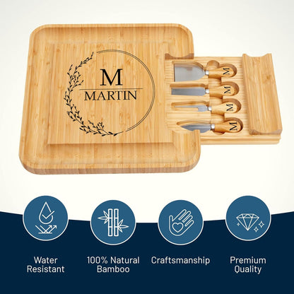 RoyalHouse Bamboo Cheese Board and Knife Set with Slide-Out Cutlery Drawer - Charcuterie Boards Set & Cheese Platter - Birthday Gifts for Women, Wedding Gifts for Couples 2025, Bridal Shower Gifts