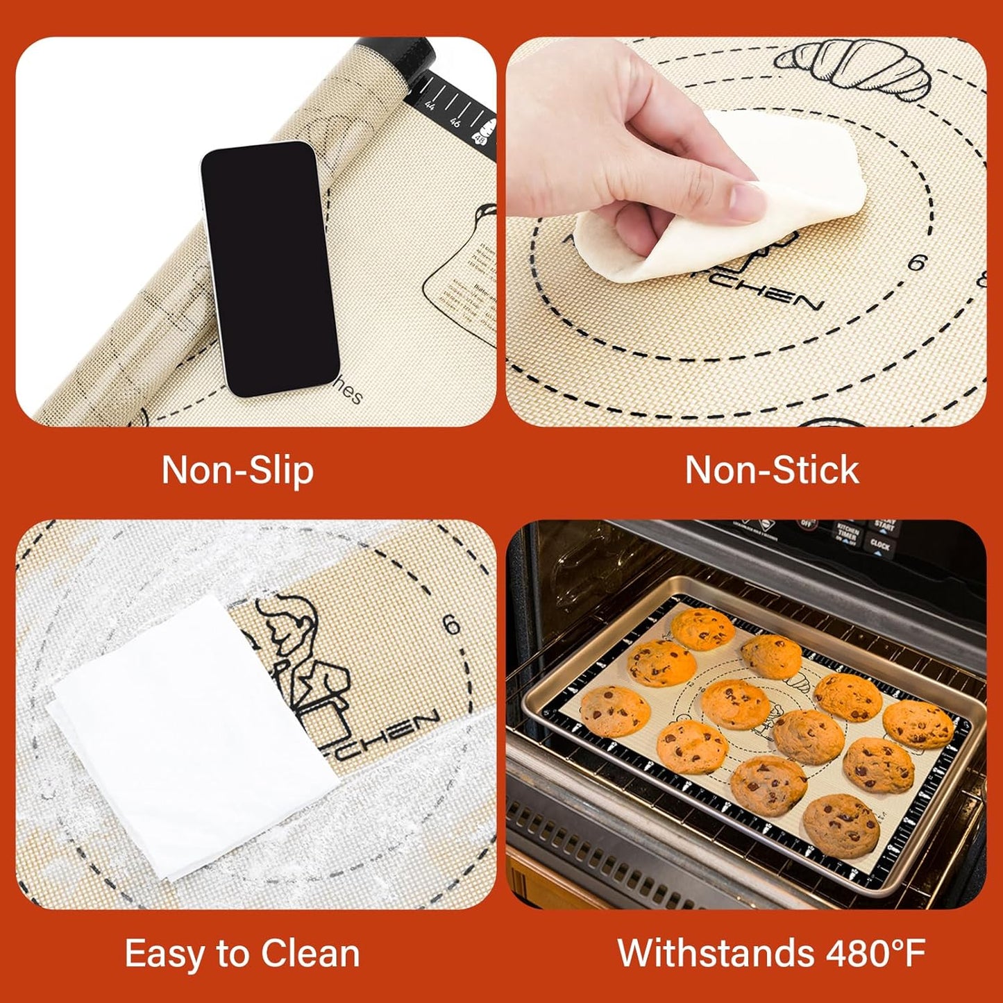 Extra Thick Silicone Baking Mat with Recipes - 26x16 inch Non Stick Pastry Mat with Measurements for Sourdough, Macarons, Bread, Pizza, Dough Rolling, Kneading, Heat Resistant to 480°F Gift for Baker