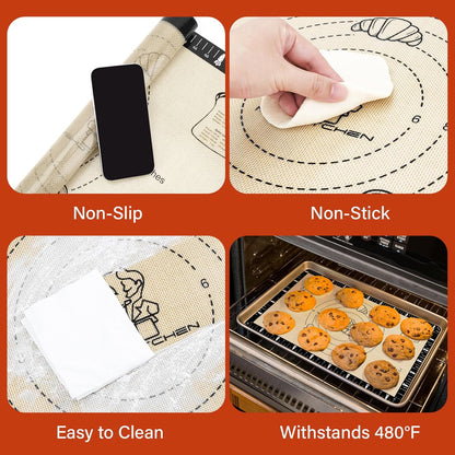Extra Thick Silicone Baking Mat with Recipes - 26x16 inch Non Stick Pastry Mat with Measurements for Sourdough, Macarons, Bread, Pizza, Dough Rolling, Kneading, Heat Resistant to 480°F Gift for Baker