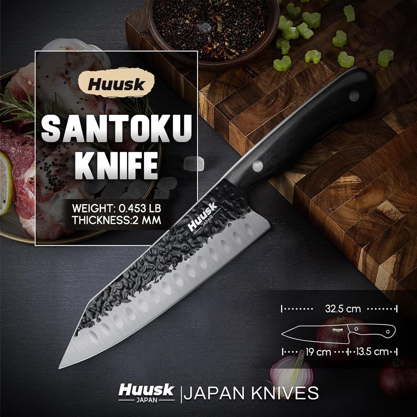 Huusk Japanese Chef Knife Set - Hand Forged Kitchen Knives for Meat Cutting - ATS-34 Carbon Steel Knives Set with Wooden Handle - Viking Cooking Knife Sets for BBQ Christmas Gift for Men and Women