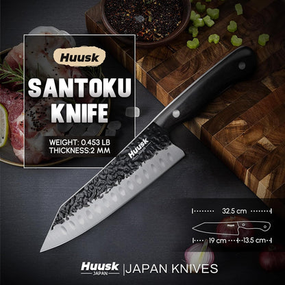 Huusk Japanese Chef Knife Set - Hand Forged Kitchen Knives for Meat Cutting - ATS-34 Carbon Steel Knives Set with Wooden Handle - Viking Cooking Knife Sets for BBQ Christmas Gift for Men and Women