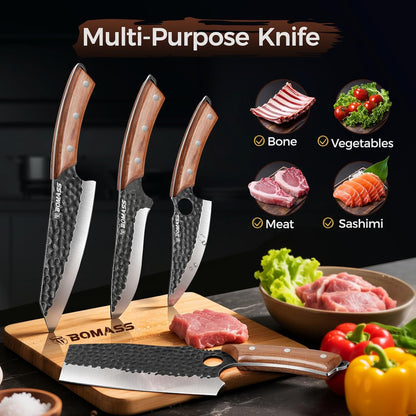 5 PCS Butcher Knife Set Hand Forged, High Carbon Steel Japanese Santoku, Serbian Chef Knife, Viking Knife, Boning Knife, Honing Rod for Kitchen, Outdoor Cooking, BBQ, Camping, Gift for Men