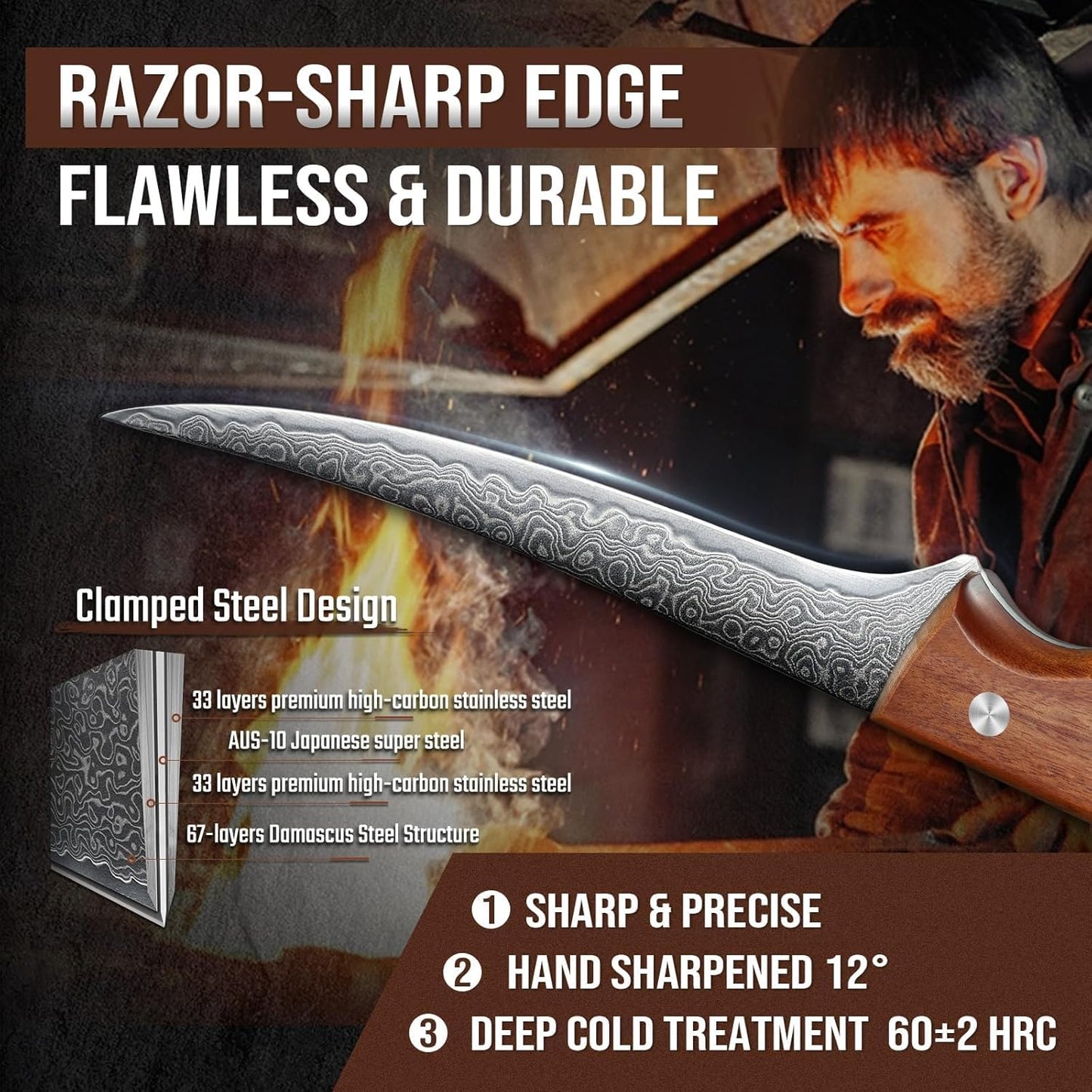 DRAGON RIOT Damascus Boning Knife 6 inch, Professional VG-10 Steel Japanese Fillet Knife, Flexible Deboning Knife,Kitchen Trimming Knife with Ergonomic Wood Handle, Premium Gift Box