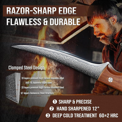 DRAGON RIOT Damascus Boning Knife 6 inch, Professional VG-10 Steel Japanese Fillet Knife, Flexible Deboning Knife,Kitchen Trimming Knife with Ergonomic Wood Handle, Premium Gift Box