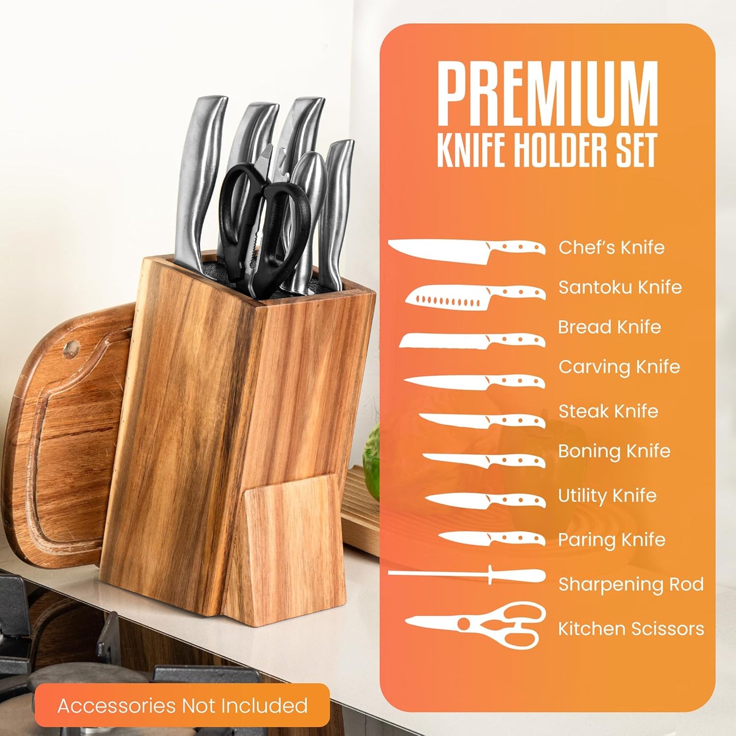 Acacia Wood Angled Knife Block with Multi-Purpose Holder – Universal Kitchen Knife Storage with Removable Bristle Insert (Honey brown, regular medium)
