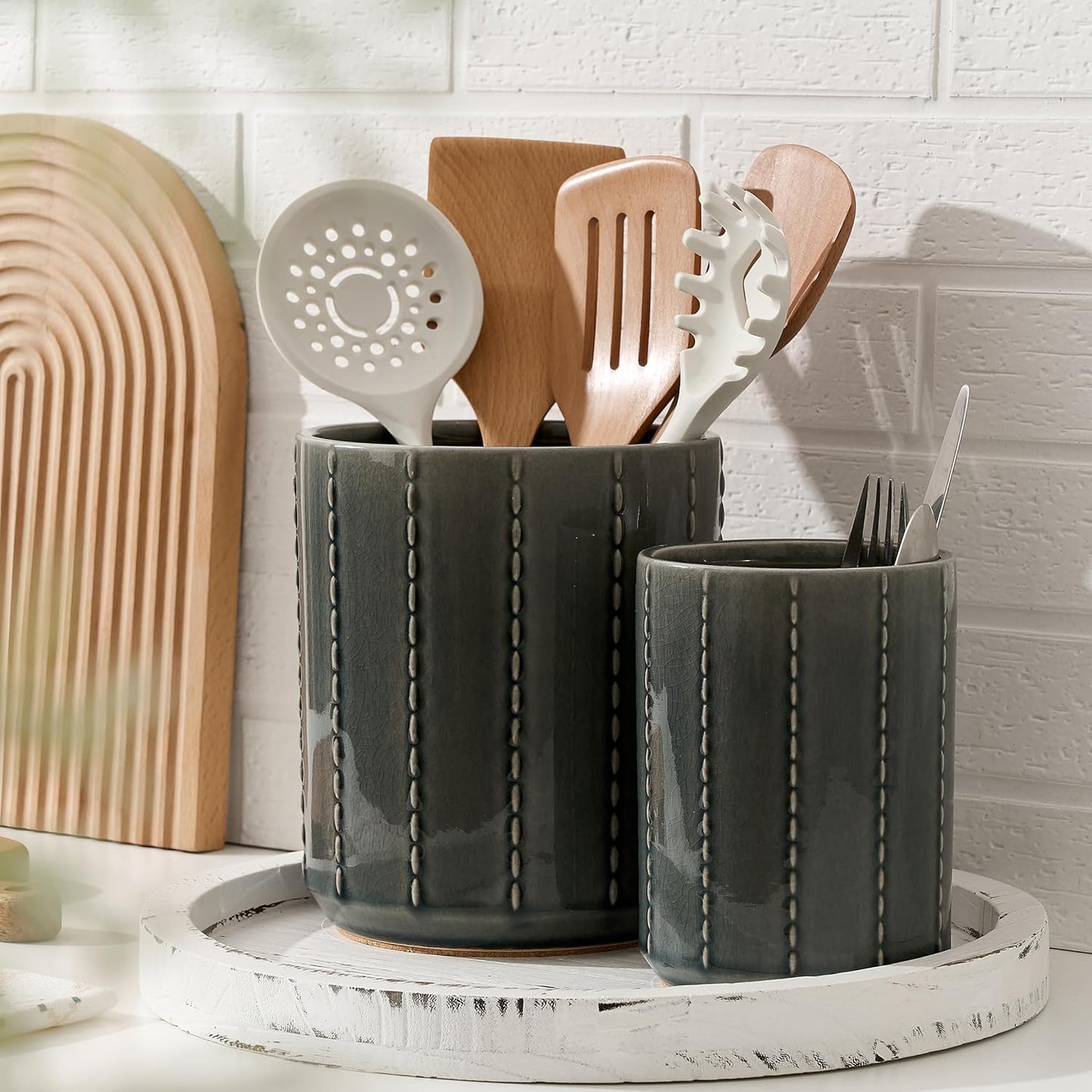 JIEMEI HOME Kitchen Utensil Holder, Large 7.5"+6.2" Petal Ceramic Utensil Crock for Countertop, Utensil Holder with Cork Mat, Morden Utensil Organizer for Spatula, Kitchen Decor, Set of 2, Purple
