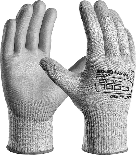 COOLJOB 12/120 Pairs Cut Resistant Safety Work Gloves with Grip, 13 Gauge Seamless Shell with PU Coating, ANSI A2 A4 A6, Gray