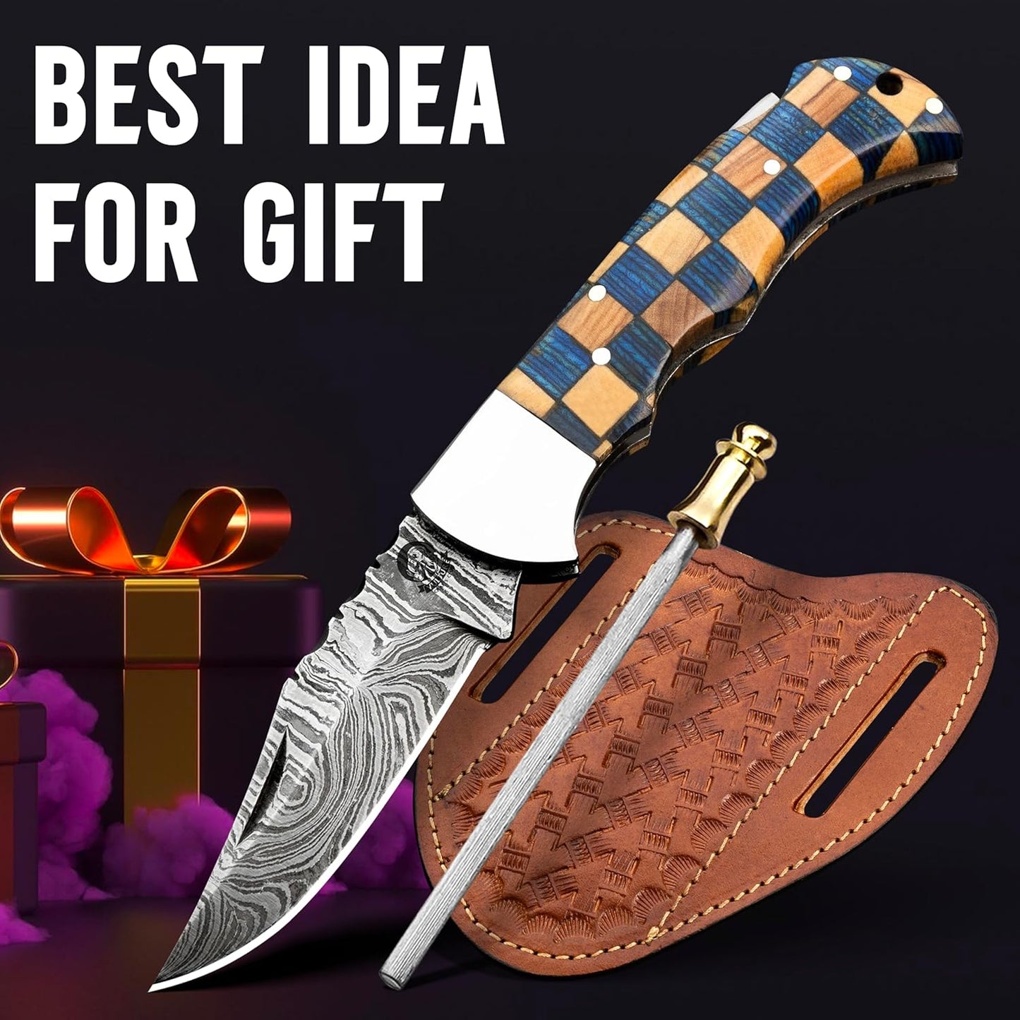 Damascus Steel Pocket Knife with Clip and Leather Sheath - EDC Knives for Outdoor and Camping Activities, Handmade Folding Knife, Free Sharpner (Chess foldable)