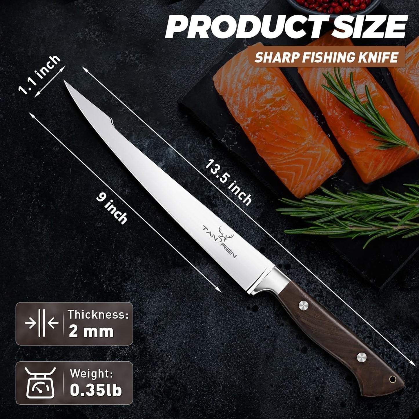 TAN REN Fillet Knife for Fish, 6inch Flexible Fishing Knife with Sheath, High Carbon Steel Salmon Fillet Knives, Sharp Fish Knives for Filleting and Cleaning