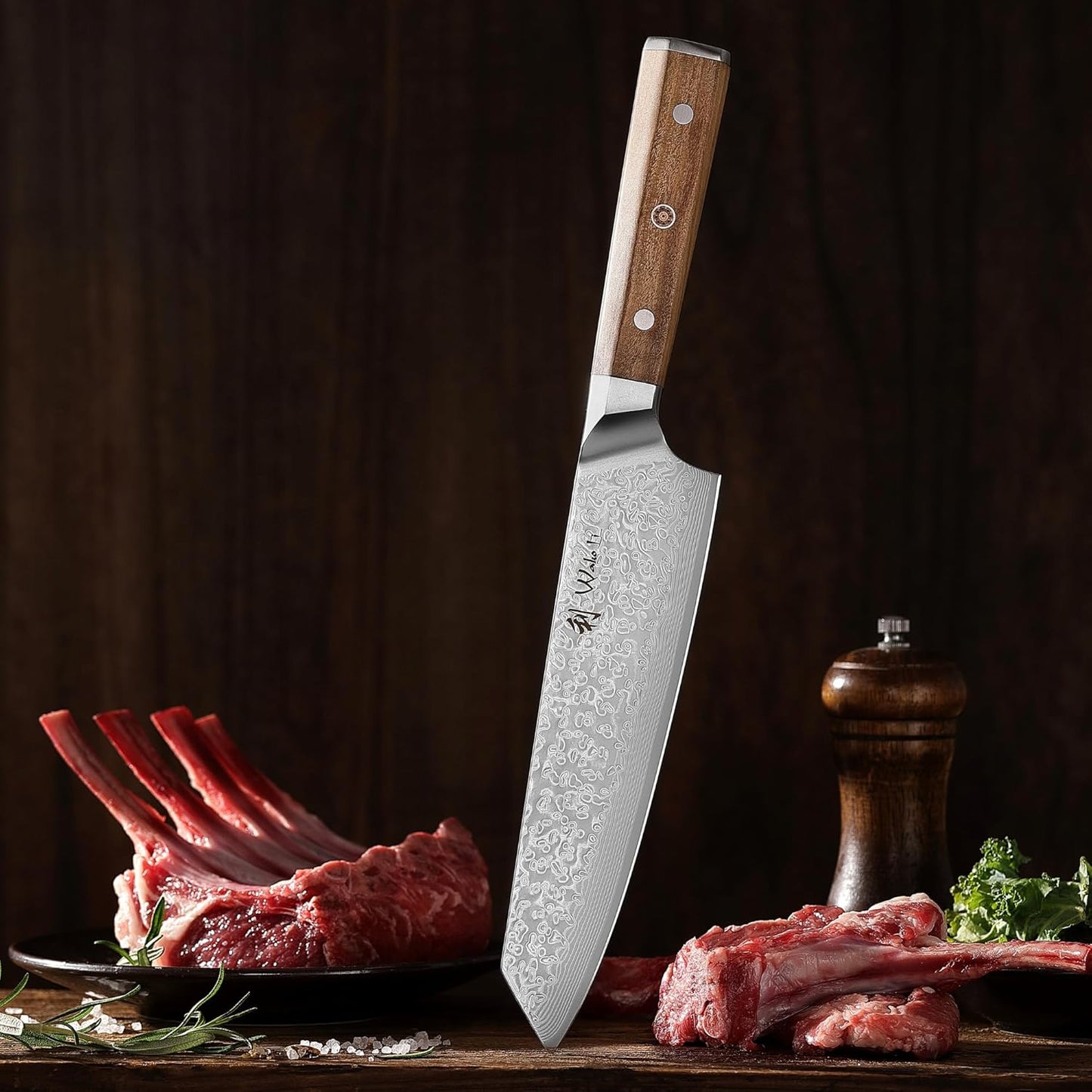 Wakoli Oribu Damascus Kiritsuke Chef’s Knife – Full Tang Kitchen Knife with 8-Inch Blade made of 67-Layer Genuine Damascus Steel and VG10 Core – Ergonomic Olive Wood Handle in Elegant Gift Box