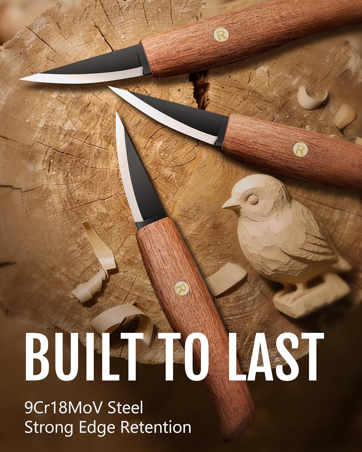 ravs Whittling Knife with High Carbon Steel Blade and Leather Sheath, Wood Carving Sloyd Knife with Titanium Coating Wide Bevel, Wood Carving Tools with Ergonomic Handle for Beginners & Professionals