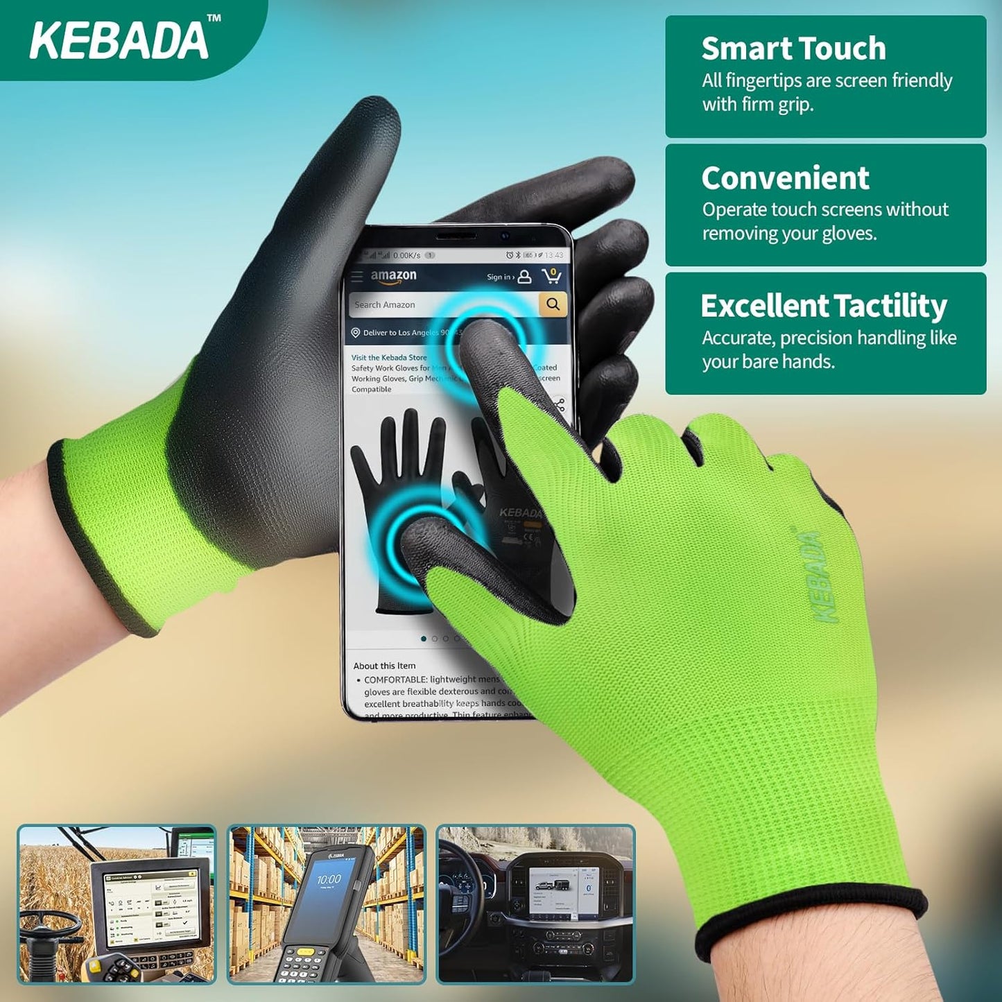 Kebada W1 Work Gloves for Men and Women, PU Coated Safety Gloves with Grip, Touchscreen, Ideal for Warehouse Package Handling, Construction, Gardening, 12 Pairs Gray Large