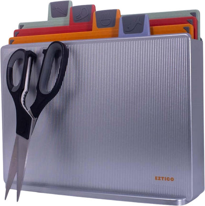 4-Piece Non-Toxic Cutting Board Set with Premium Scissors – BPA-Free Plastic and Rubber Chopping Boards for Kitchen Essentials with Organizer, Dishwasher Safe Accessories Holder.