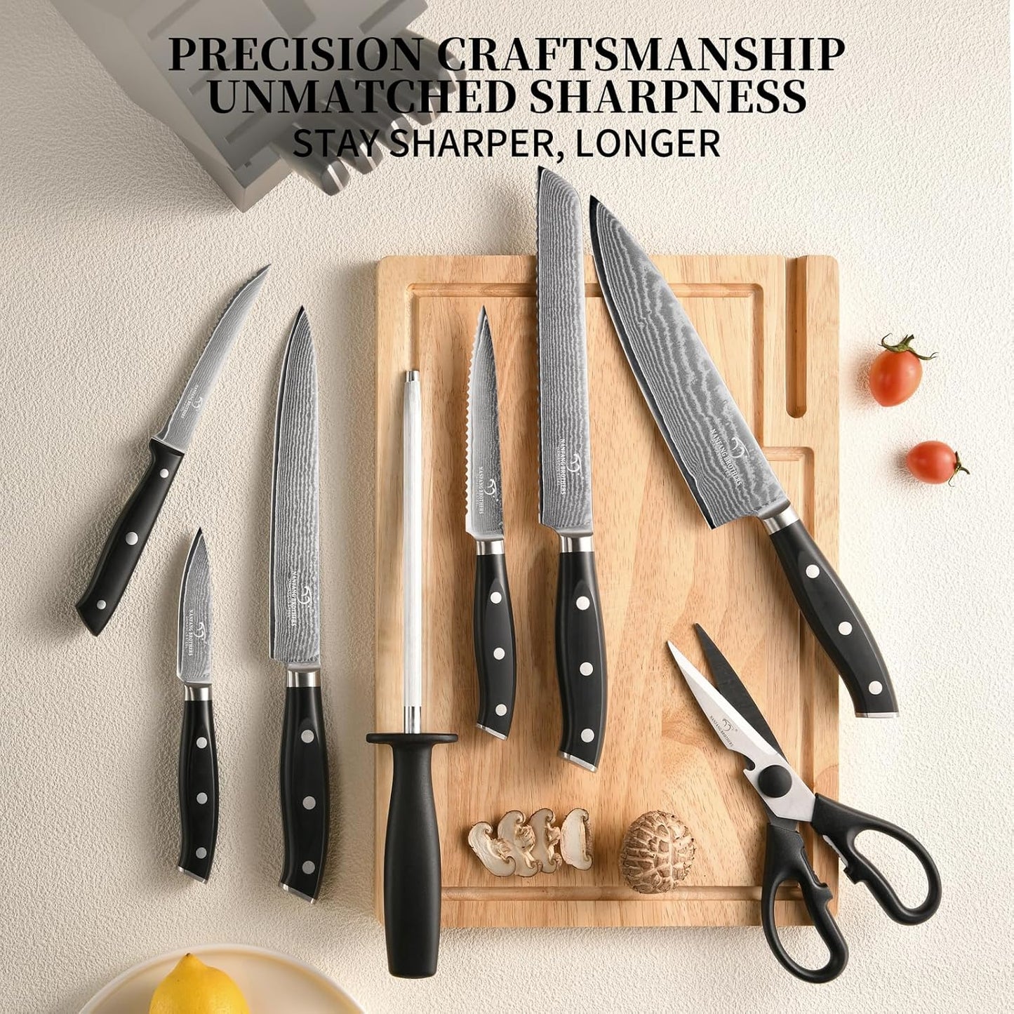18 Pieces Damascus Kitchen Knife Set, 8 Piece Steak Knives, Non-slip ABS Ergonomic Triple Rivet Handle for Meat Fork, Knife Sharpener and Shears, 17 Slots Fraxinus Manchuria Knife Block (Grey)