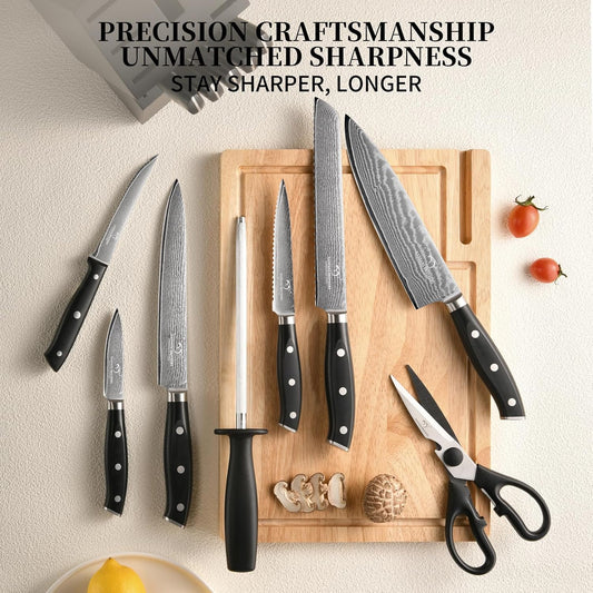 18 Pieces Damascus Kitchen Knife Set, 8 Piece Steak Knives, Non-slip ABS Ergonomic Triple Rivet Handle for Meat Fork, Knife Sharpener and Shears, 17 Slots Fraxinus Manchuria Knife Block (Grey)