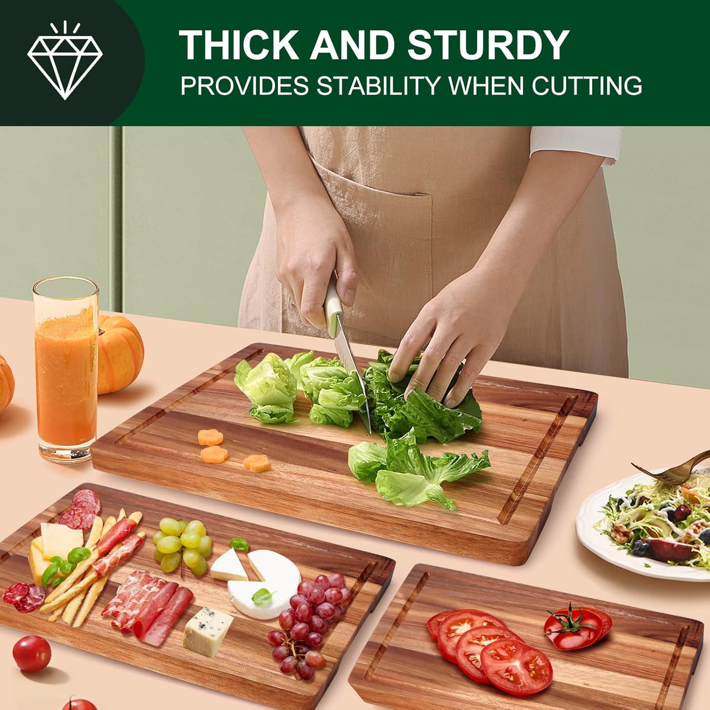 Acacia Wood Cutting Boards for Kitchen, Wooden Chopping Board with Side Handle and Juice Groove, 15" X 11" Carving Board, Butcher Block, Cheese Charcuterie Boards for Meat, Fruit, Steak