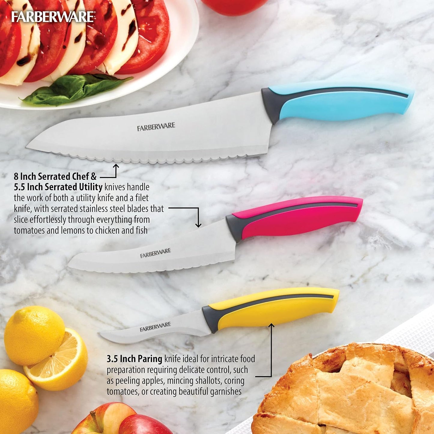 Farberware Precise Slice Utility Knife Set, 3 Piece, Multicolor