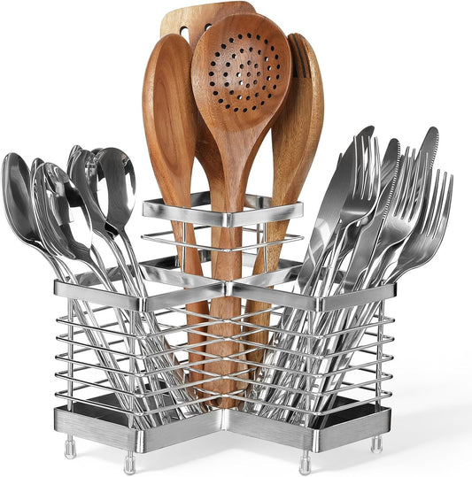 Utensil Holder, Stainless Steel Corner Utensil Holder for Kitchen Counter, 3 Compartments Utensil Crock Organizer for Spatulas, Silverware, Forks, Knives, Spoons & Cooking Tools