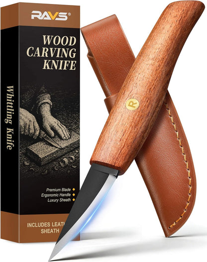ravs Whittling Knife with High Carbon Steel Blade and Leather Sheath, Wood Carving Sloyd Knife with Titanium Coating Wide Bevel, Wood Carving Tools with Ergonomic Handle for Beginners & Professionals