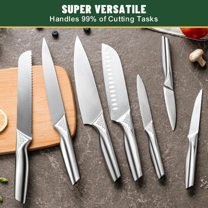 Knife Set, EWFEN 14-Piece Kitchen Knife Set with Block, German Stainless Steel Knives with Built-in Knife Sharpener, Anti-Slip Sharp Knives Set for Kitchen, Dishwasher Safe, Curved Handle