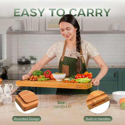 Howizz Acacia Wood Large Cutting Board, Thick End Grain Solid Wood Butcher Block For Kitchen, Non Toxic Pre-Oiled Carving Tray w/Juice Grooves and Easy Grip Handle, 20"x15"x1" (Gift-Ready Box)