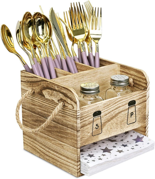 Ikee Design Wooden Utensil Caddy Flatware Holder with Handles - Utensil Holder for Dining Room, Restaurant and Kitchen, Oak Color, 7.13”W x 6.63”D x 7.5”H