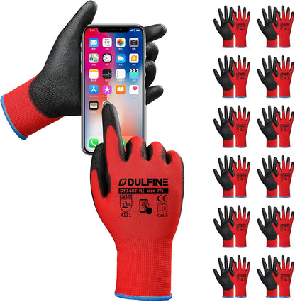 DULFINE Safety Work Gloves PU Coated-12 Pairs,Red Seamless Knit Glove with Polyurethane Coated Smooth Grip on Palm & Fingers, for Men and Women, Ideal for General Duty Work (Large)