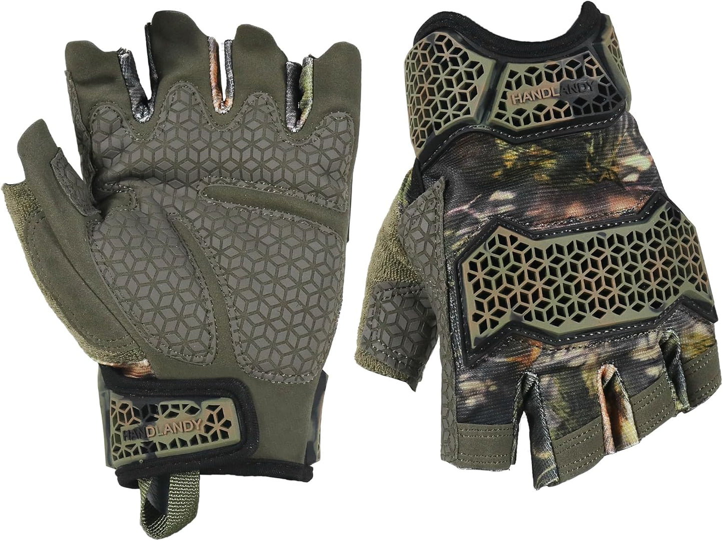 HANDLANDY Fingerless Work Gloves for Men Utility Padded Half Finger Driving Working Gloves (Large, Green)