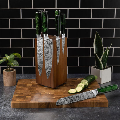 SENKEN Rotating Magnetic Knife Block without Knives, Natural Acacia Hardwood - 360 Degrees Rotation - Ultra Strong Neodymium Magnets, Universal Knife Holder & Storage (Block with Steak Knife Slots)
