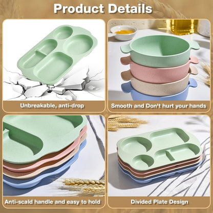 Hlukana 24 Pcs Wheat Straw Dinnerware Cutlery Set, Unbreakable Tableware Set, Including Kids Toddlers Divided Plates, Bowls, Cup, Cutlery Spoons Knifes Forks, BPA Free, Microwave Dishwasher Safe