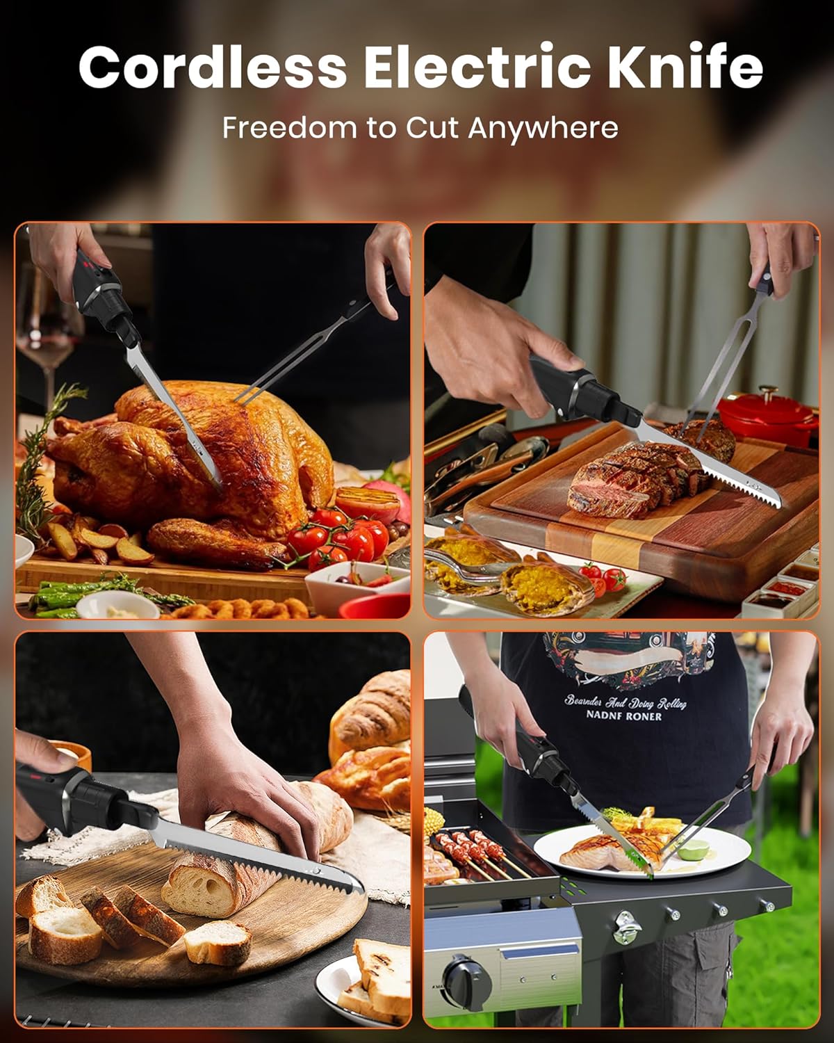 LAUDLIFE Electric Knife, Cordless Cutting Knife, Ergonomic Design with Comfortable Contoured Grip Rechargeable Easy-Slice Electric Carving Blade for Meat Slicing, Bread, Fillet, Turkey, Black