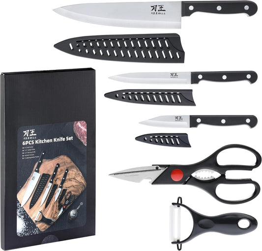 5 Pieces Kitchen knife Set, Knife Set Without Block with Sheathes, Stainless Steel Sharp Blade and Comfortable Handle, Chef Knife Set with Kitchen Scissors and Peeler for Cooking