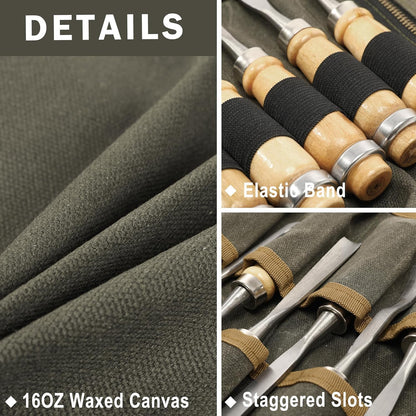 16OZ Waxed Canvas Tool Roll Bag, Heavy Duty Tool Storage Roll Bag with 7 Tool Slots & 1 Detachable Pouch, Khaki Tool Organizer for Wrenches and Tools (23.5"L x 9.5"W)